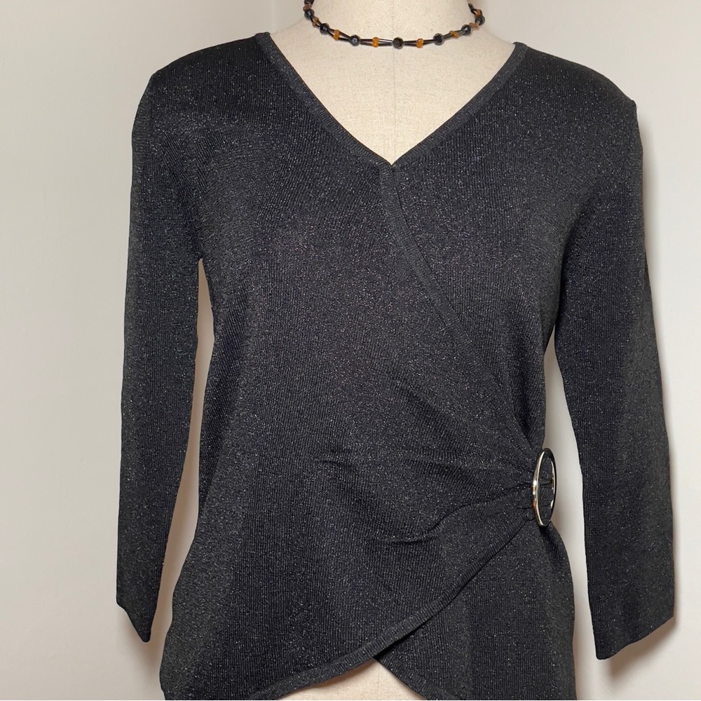Black Sparkly V-Neck Faux Wrap Sweater Gold Ring Accent by Joseph A
Size Medium - Picture 4 of 15